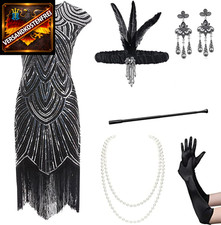 Damens Abendkleid 1920er Stil V-Ausschnitt Pailletten Perlen Fransen Zubehör Set