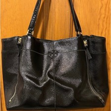 Tory Burch Black Pebbled Patent Leather Expandable Side Zip Tote Bag Womens