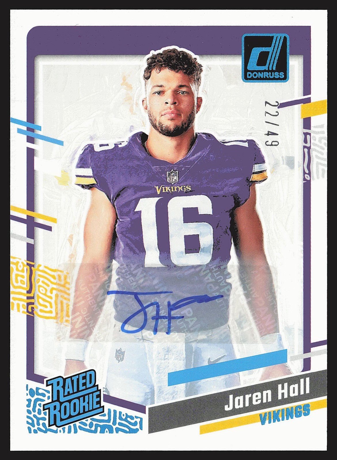 2023 Donruss #40 Jaren Hall Rated Rookie Portrait Autographs #/49 SN,AU