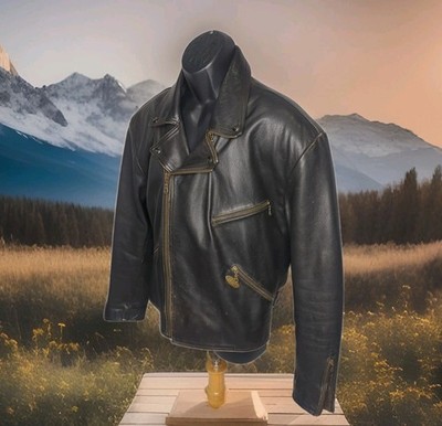 VINTAGE RICHA BLACK LEATHER BIKER JACKET MOTORCYCLE DISTRESSED MENS XL 48 RIDING