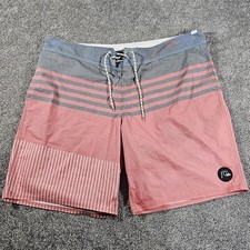 Quiksilver Board Shorts Mens 38 Red Grey Striped Surf Swim Trunks Beachwear