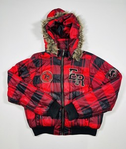 Ecko Red Jacket Womens Large Plaid Hooded Faux Fur Puffer Coat Embroidered