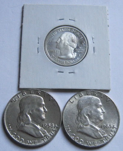 1958 & 1963 FRANKLIN HALF & 2004 PROOF SILVER QUARTER ~Three 90% Silver Coins~
