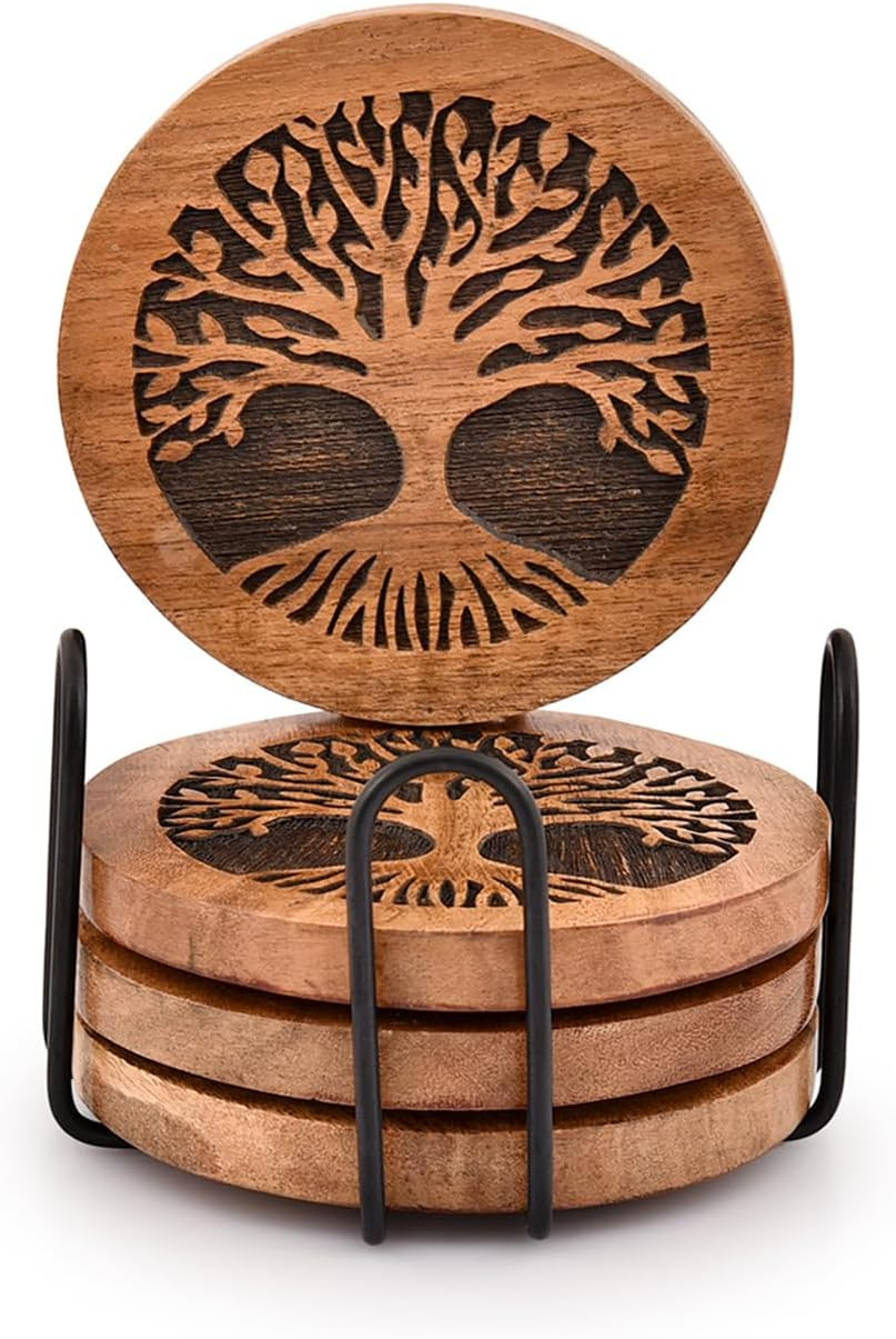 Kimona Coasters Set of 4 Handmade round Wooden Tree of Life Coasters for Drinks