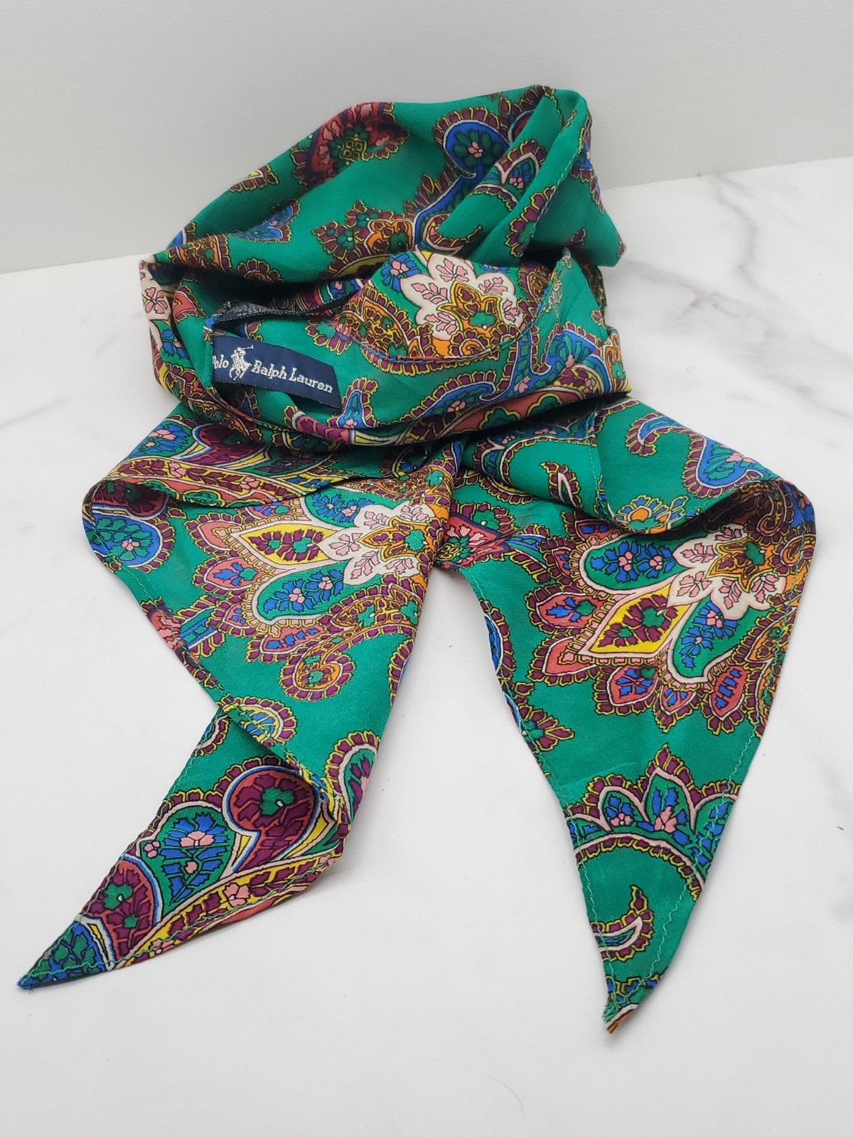 Vtg Polo Ralph Lauren Silk Diamond Scarf 52" Green Paisley Pointed Oblong USA