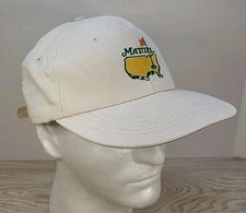 Vintage Masters Derby Cap Strap Back Golf Hat White Faded Logo USA Made Read