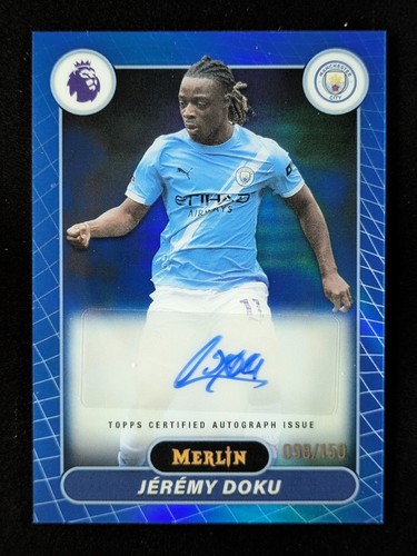 2026 Topps Merlin EPL JEREMY DOKU 98/150 Auto Blue Refractor Man City #MV-JD