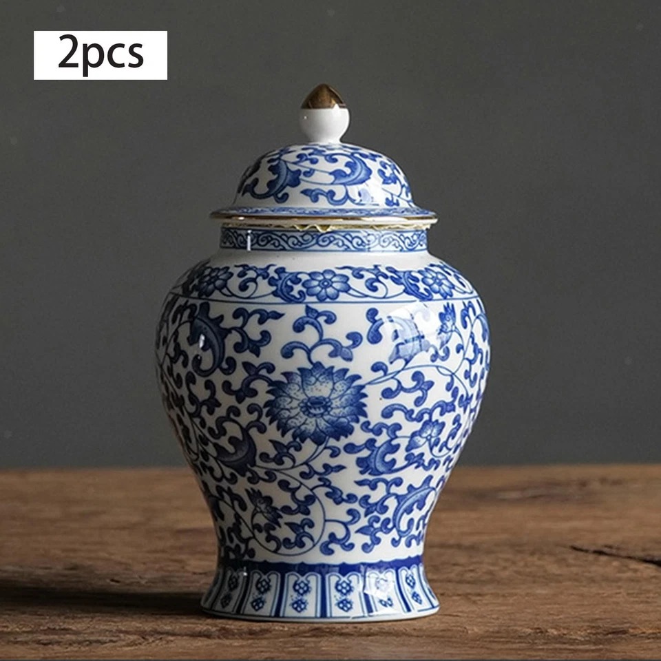 2x Decorative Ceramic Ginger Jar Home  Centerpiece Glazed Hand Painted  Living