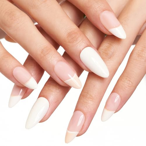 Creamy White French Tip Press on Nails Short Almond, Nude Beige Fake Nail - Picture 3 of 7