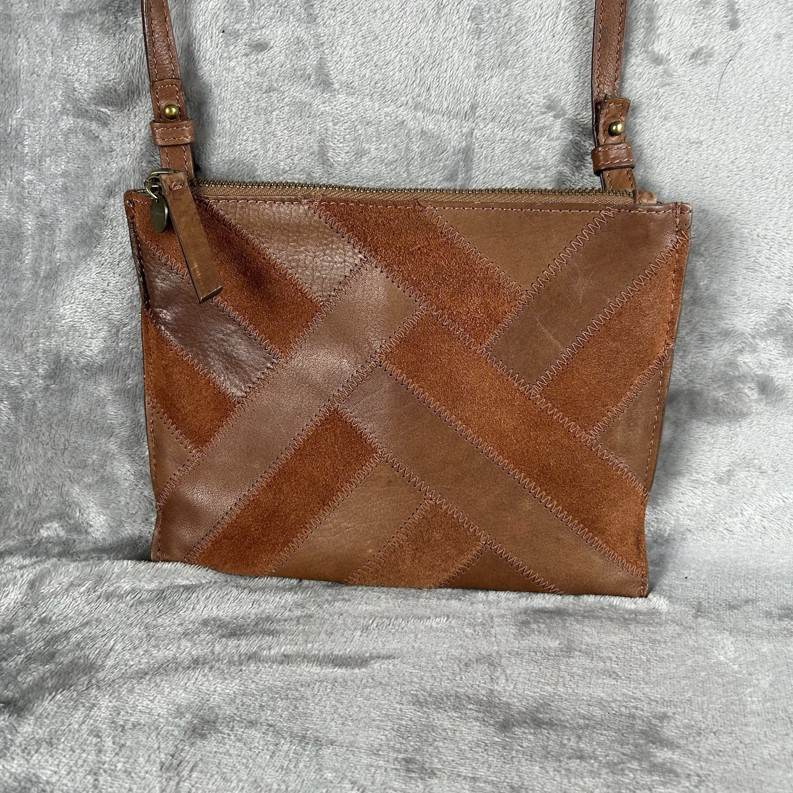 Lucky Brand Vintage Patchwork Leather Suede Crossbody Bag Brown Y2K Bohemian