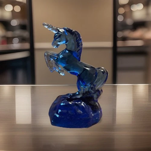 Fenton Cobalt Blue Glass Unicorn Figurine 5” Embossed with Logo