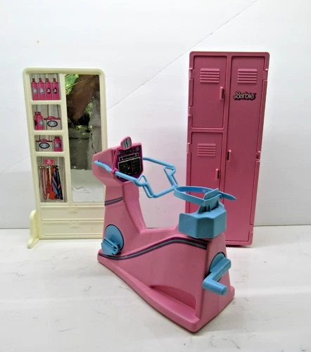 Vintage 1984 Mattel Barbie Workout Gym Bike Locker And Mirror Lot Of 3