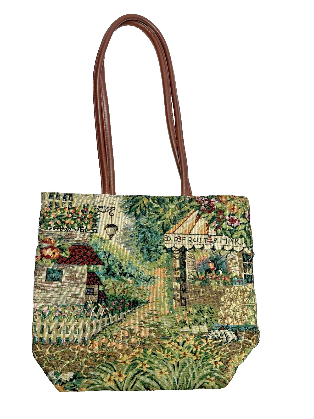 Vintage Garden Tapestry Tote Bag Faux Leather Handles Zipper Cottagecore