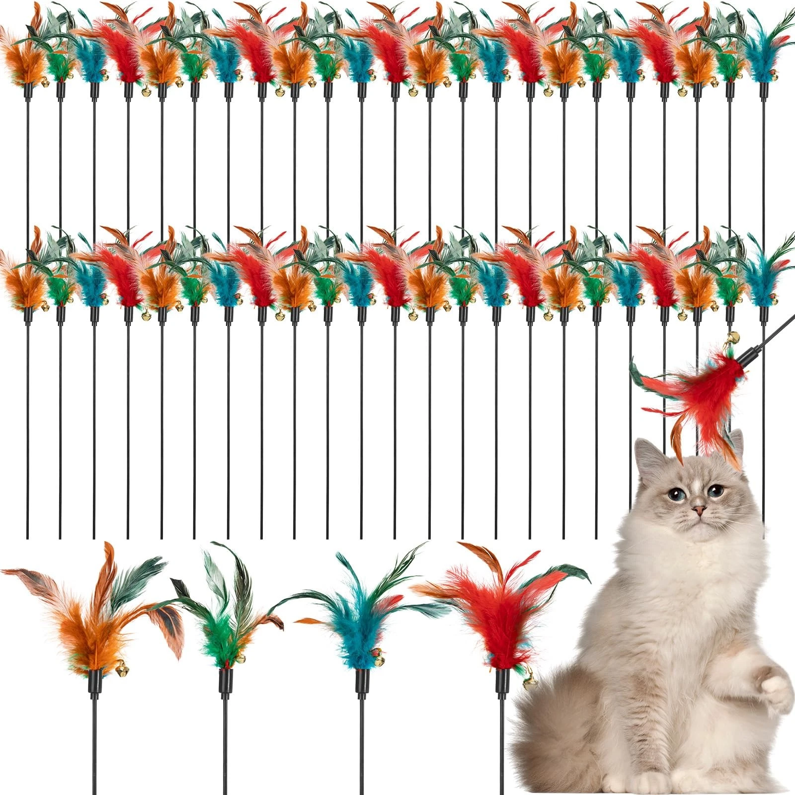50 PCS Cat Wand Toy Feather Stick Teaser Wand Bulk Multi-Color Interactive