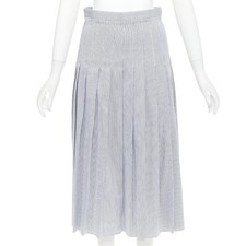 CELINE black white cotton striped box pleated high waist midi skirt FR36 S