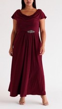 Alex Evenings Cowl Neck Beaded Waist Gown Pleated Party Merlot Wine Size 16W