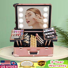 22" Rolling Makeup Case W/ Mirror  LED Light Cosmetic Box Trolley Organizer