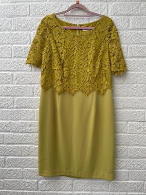 Jacques Vert Chartreuse Green Lace Overlay Knee Length Shift Dress Size UK 12