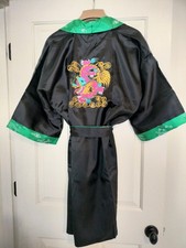 Reversible Satin Dragon Kimono Robe Green  Black Embroidered Vintage Style M