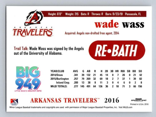 2016 Grandstand Arkansas Travelers #NNO Wade Wass - Picture 2 of 2