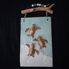 Handpainted Baby Sea Turtles in the Sand 3D Ceramic Wall Art 7.5" 5" Signed