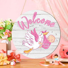 Baby Girl Door Sign Gender Reveal Welcome Sign Hanging Wreath round Rustic Wood