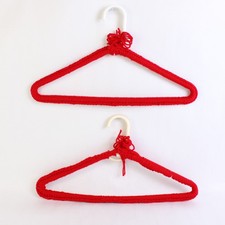 Lot of 2 Vintage Hand Crochet Wire Hangers Standard Sz Red Yarn Decoration