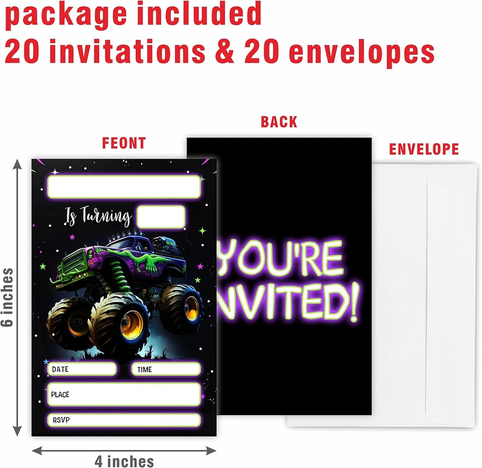 Invitaciones de cumpleaños temáticas Monster Truck, 20 unidades, 4 x 6 pulgadas, papel recubierto, Foto 2 de 4