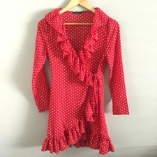 Boohoo Women's Career Evening Cocktail Wrap Dress Size 2 Polka Dot Ruffle Red