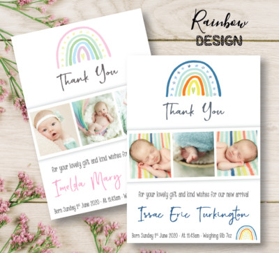 10 personalisierte Foto Neu Baby Dankeskarten / Regenbogen Ankündigung Notizen