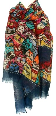 Katzenschal Damen mehrfarbig Halstuch rot gelb dunkelblau Katzen Pashmina Tuch 