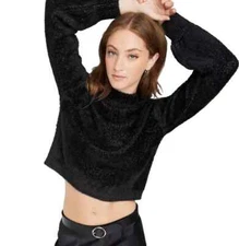 Women's Mock Turtleneck Fuzzy Boxy Pullover Sweater Wild Fable Black Lurex XXS