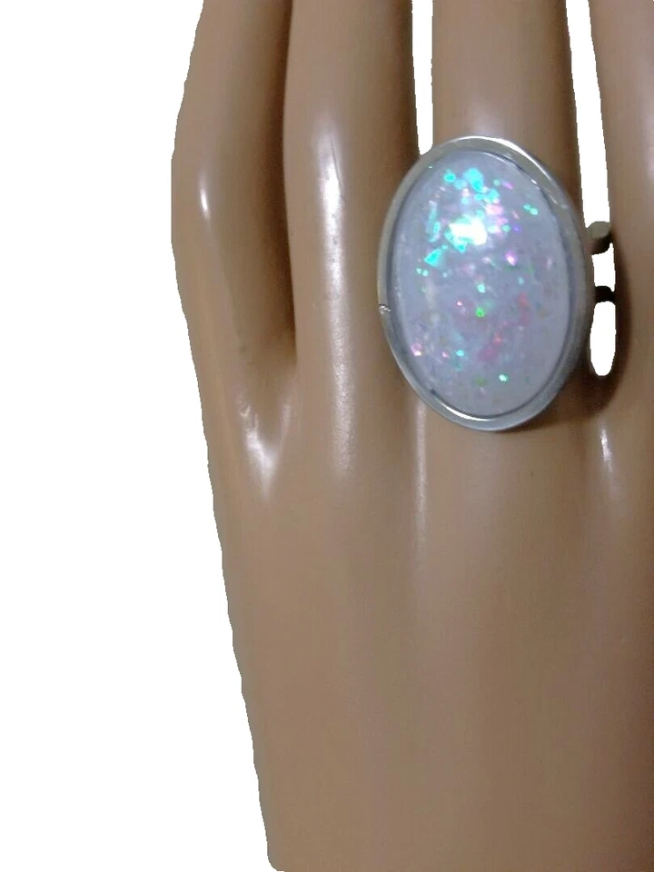 Кольцо с белым опалом - кольцо с огненным опалом из смолы 18 x 25 мм с двойной лентой из нержавеющей стали - Изображение 3 из 4