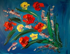 RED FLOWERS ON BLUE MODERN    FINE ART    Abstract Modern CANVAS Original    DFB