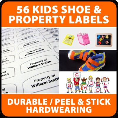 56 x Abziehen und Aufkleben Kinder Schuh & Eigentum Schule Namensetiketten Identifizieren Sie ihr Kit