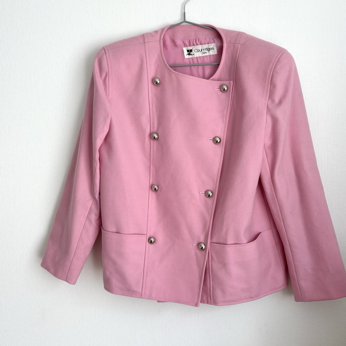 Vintage Courrèges Jacket Collarless Double Breasted Wool Pink Size 