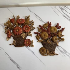 Set of 2 Vintage 1977 Burwood HOMCO Fall Flower Baskets Wall Decor Plaques- Fall