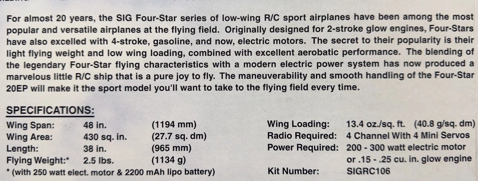 Sig Four Star 20 EP (alimentado eléctrico)/nuevo/completo kit balsa avión radiocontrol Foto 3 de 4