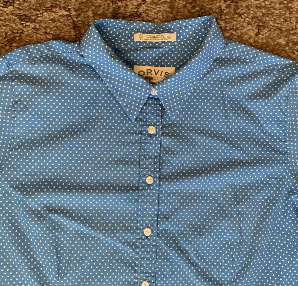 Camisa Orvis para mujer 20 azul blanco con botones lunares colorida preppy Foto 2 de 4