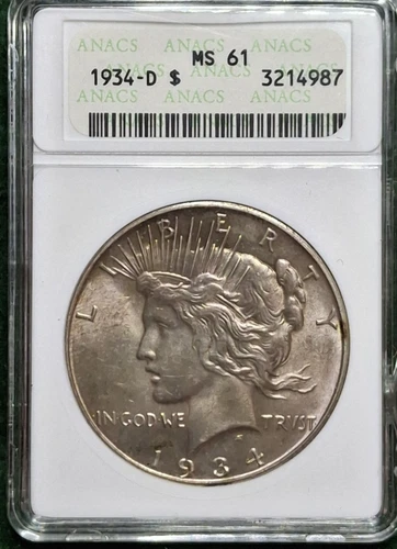 1934 D peace Dollar - ANACS MS61 - "Soapbox" holder