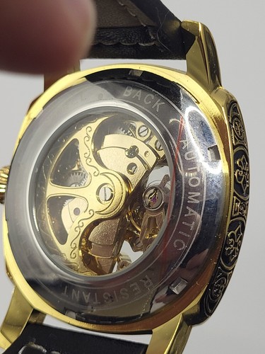 Men’s Automatic Square Carved Skeleton Luxury Hollow Watch Waterproof Gold - Picture 14 of 16