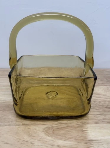 Blenko Handmade Amber Glass Basket 5.75" Square Heavy Art Glass Handle USA #14
