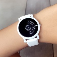 Minimalist Spiral Dial Watch Black Leather Strap Men's Creative Timepiece