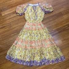 Current Air Floral Tiered Midi Dress XS Yellow Purple Orange Puff Sleeve Light