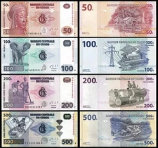 Congo Democratic Republic 4 Pcs UNC Set, 50 100 200 500 Francs 2013