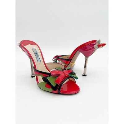 Prada S/S 2012 Runway Red Patent Hot Rod Rocket Tail Light Mule Sandals IT 36.5