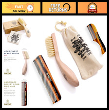 Beard Mustache Grooming Kit - Boar Bristle Brush, Handmade Comb Fine Tooth C