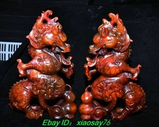 11.4''Old Dynasty Old Jade Carved Dragon Loong Beast Gourd Cucurbit Statue Pair