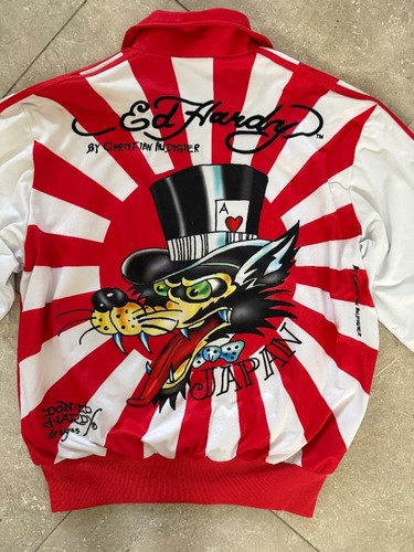 Retro Ed Hardy Jack of All Trades Wolf Red White Track Jacket OS
