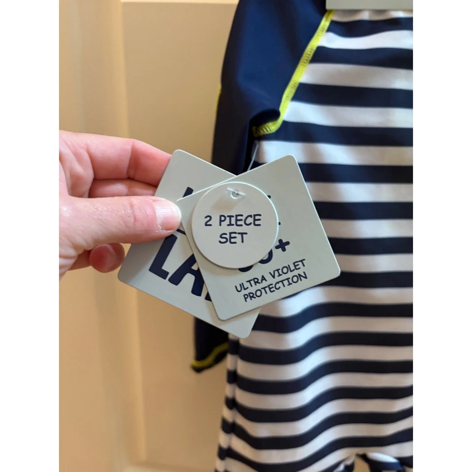 New Little Lad Baby Boys Swimsuit Set 2 Piece Rash Guard Striped Hat NWT - Image 4 of 4